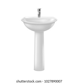 Realistic Detailed 3d White Ceramic Sink With Faucet Element Of Bathroom Interior Isolated On White Background. Vector Illustration Of Washbowl