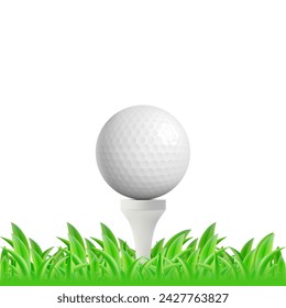 Realistischer detaillierter 3D-weißer Golfball auf T-Shirt und grüner Feldlinie isoliert auf einem Hintergrund. Vektor-Illustration von Golf Club Concept Sport