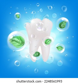 Realistic Detailed 3d White Healthy Tooth and Bubbles with Green Mint Leaves on a Blue. Vector illustration