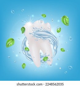 Realistic Detailed 3d White Healthy Tooth with Cool Water Splash and Green Mint Leaves. Vector illustration