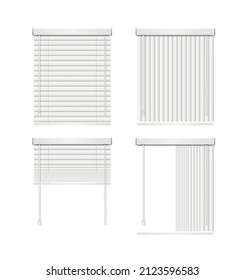 Realistic Detailed 3d White Jalousie Empty Template Set Roller Shutters Blind Horizontal Set Various Positions - Open, Closed and Half-opened. Vector illustration