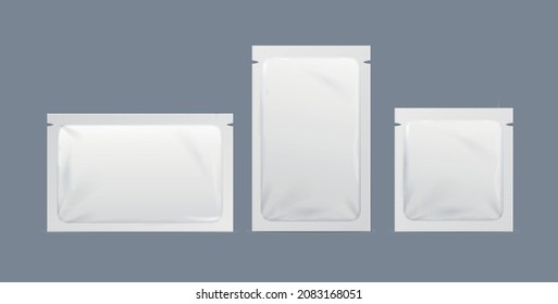 Realistic Detailed 3d White Paper Sachet Packets Set for Soluble Powder or Sugar, Salt, Coffee. Vector illustration of Closed Packs