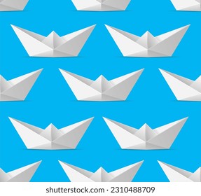 Realistic Detailed 3d White Paper Boat Seamless Pattern Background on a Blue for Web and App. Vector illustration