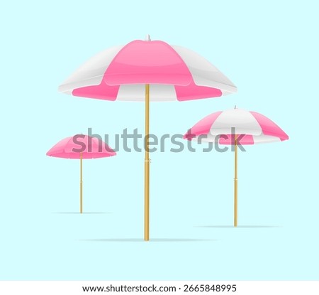 Realistic Detailed 3d White and Pink Summer Sun Umbrella Set for Beach Resort. Vector illustration of Parasol