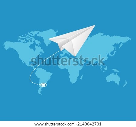 Realistic Detailed 3d White Plane and Track on a Blue Background with World Map Travel Concept. Vector illustration