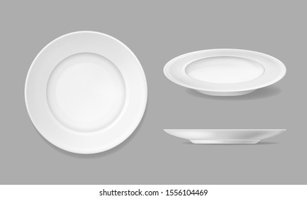 Realistic Detailed 3d White Plate Set Different View on a Grey. Vector illustration of Round Kitchen Dish