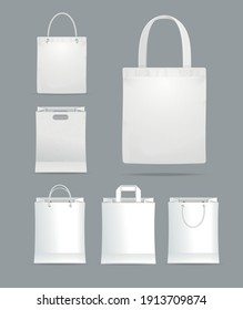 Realistic Detailed 3d White Shopping Tote Bag Fabric Cloth Empty Template Mockup Set. Vector illustration