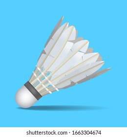 Realistischer 3d White Shuttlecock für Badminton auf einem Blue Equipment for Sport Competition, Leisure or Activity Hobby . Vektorillustration