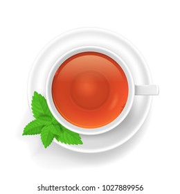 Realistic Detailed 3d White Tea Cup Top View with Green Mint Leaf. Vector illustration of Breakfast Hot Beverage