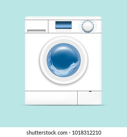 Realistic Detailed 3d White Washing Machine Appliance Laundry, Housework Equipment on a Blue Background. Vector illustration of Laundromat