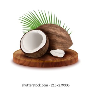 Realistic Detailed 3d Whole Coco Nut and Half Set with Green Palm Leaf. Vector illustration of Coconut