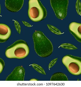 Realistic Detailed 3d Whole Green Avocado and Slice Seamless Pattern Background Raw Tasty Healthy Vegan Food Ingredient Guacamole. Vector illustration