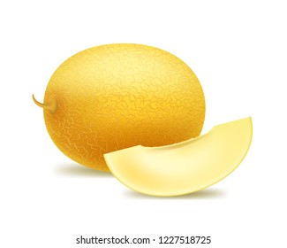 Realistic Detailed 3d Whole Honeydew Melon and Slice. Vector illustration of Fresh Ripe Sweet Fruit with Piece