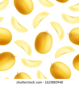 Realistic Detailed 3d Whole Honeydew Melon and Slice Seamless Pattern Background on a White. Vector illustration of Fresh Ripe Sweet Fruit with Piece
