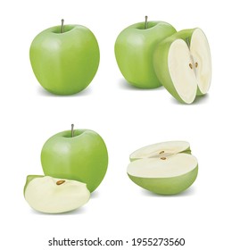 Realistic Detailed 3d Whole and Slice of Green Apple Set. Vector