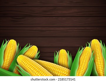 Realistic Detailed 3d Whole Sweet Organic Corn Cob on Brown Wooden Background Card Wallpaper. Vector illustration