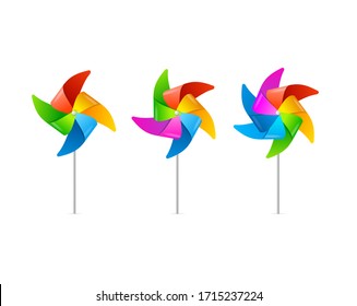 Realistic Detailed 3d Wind Mill Set Different Type on a White. Vector illustration of Bright Windmills