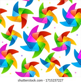 Realistic Detailed 3d Wind Mill Seamless Pattern Background on a White. Vector illustration of Bright Windmills