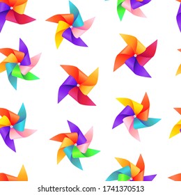 Realistic Detailed 3d Wind Mill Toy Seamless Pattern Background on a White. Vector illustration of Pinwheel or Windmill Wheel Rotation