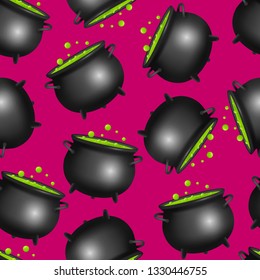 Realistic Detailed 3d Witch Cauldron Seamless Pattern Background Symbol of Horror and Magic. Vector illustration