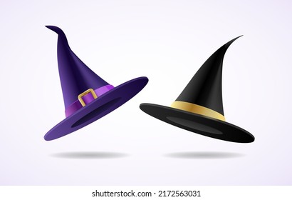Realistic Detailed 3d Witch and Wizards Hats Set Halloween Concept Isolated on a White Background. Vector illustration