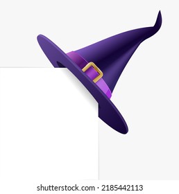 Realistic Detailed 3d 3d Witch and Wizards Hat on Corner White Paper Sheet Blank Mockup for Ad Text. Vector illustration