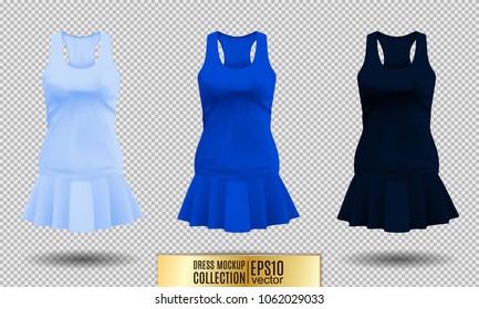 Realistic detailed 3d women dress mock up. Light, normal and dark blue set isolated on Background sport summer clothing. Vector illustration