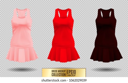 Realistic detailed 3d women dress mock up. Pink, red and dark vinous set isolated on Background sport summer clothing. Vector illustration