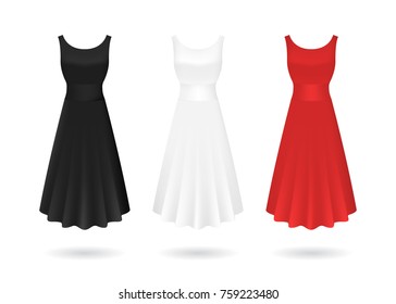 Realistic Detailed 3d Women Dress Mock Up White, Red and Black Set Isolated on Background Elegant Classic Clothing. Vector illustration