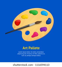 Realistic Detailed 3d Wooden Art Palette with Paints and Brush Concept Card on Blue Background. Vector illustration of Tools for Drawing