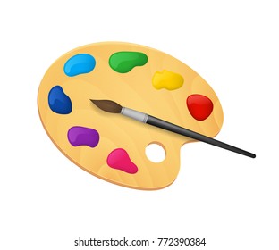 Realistic Detailed 3d Wooden Art Palette with Paints and Brush Isolated on White Background. Vector illustration of Tools for Drawing