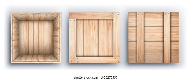 Realistic Detailed 3d Wooden Box Open and Closed View Set. Vector