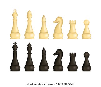 Realistic Detailed 3d Wooden Chess Pieces Set Different Types Include of Queen, King, Pawn and Horse. Vector illustration
