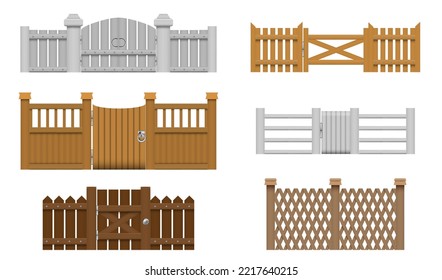 Realistic Detailed 3d Wooden Fences Gates Set. Vector illustration of Garden or Village Fencing with Doors