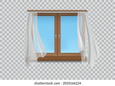 Realistic Detailed 3d Wooden Window Frame with White Curtains and Outside View on a Transparent Background. Vector illustration