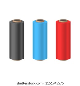 Realistic Detailed 3d Wrapping Plastic Stretch Film Dark, Blue and Red Set Flexibility Transparent Cellophane Product for Kitchen or Trip. Vector illustration