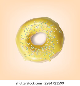 Realistic Detailed 3d Yellow Banana or Vanilla Glazed Donut with Sprinkles. Vector illustration of Doughnut