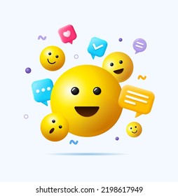 Realistic Detailed 3d Yellow Emoji Concept with Speech Bubble Elements. Vector illustration of Internet Communication Symbols