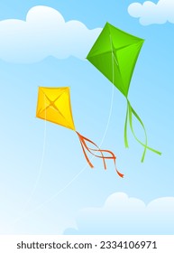 Realistische, detaillierte 3D-Gelb- und Green Flying Kites und Wolken auf einem blauen Himmel. Vektorgrafik