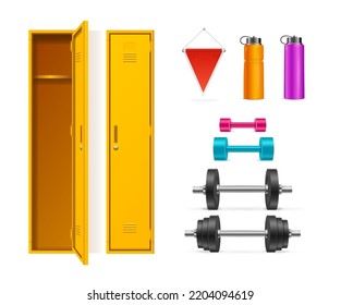 Realistic Detailed 3d Yellow Gym Locker Set Fitness Elements Include of Bottle, Dumbbell and Flag Pennant. Vector illustration of Metal Cabinets