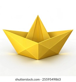 Realistic Detailed 3d yellow Paper Boat Empty Mockup Template.Vector illustration with a white background. Origami Folded Ship or Sail.