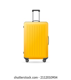 Realistic Detailed 3d Yellow Plastic Travel Suitcase with Wheels Isolated on a White Background. Vector illustration