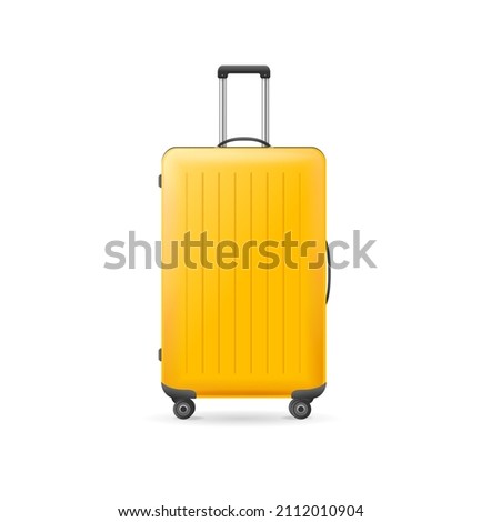 Realistic Detailed 3d Yellow Plastic Travel Suitcase with Wheels Isolated on a White Background. Vector illustration