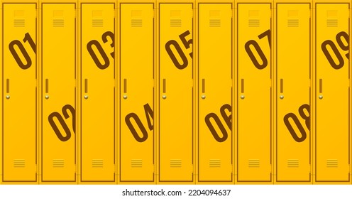 Realistic Detailed 3d Yellow School Gym Locker Row Closed View Set. Vector illustration of Metal Cabinets