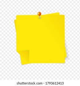 Realistic Detailed 3d Yellow Sticky Note and Red Pin on a Transparent Background. Vector illustration of Reminder