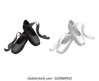 Realistic Detailed Ballet Black and White Pointe Shoes Fashion Pair for Dance. Vector illustration of Traditional Footwear Ballerina