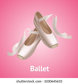 Realistic Detailed Ballet Pointe Shoes Fashion Pair on a Pink Background for Dance. Vector illustration of Traditional Footwear Ballerina