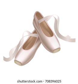 Realistic Detailed Ballet Pointe Shoes Fashion Pair on a White Background for Dance. Vector illustration of Traditional Footwear Ballerina