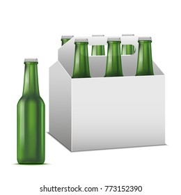 Realistic Detailed Beer Sixpack Alcoholic Drink Green Glass Beer Bottle Liquid Refreshment Beverage. Vector illustration