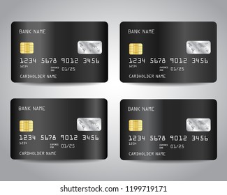 Realistic detailed black credit cards set with abstract black chrome metallic gradient design background. Black, gray colors. Vector illustration EPS10